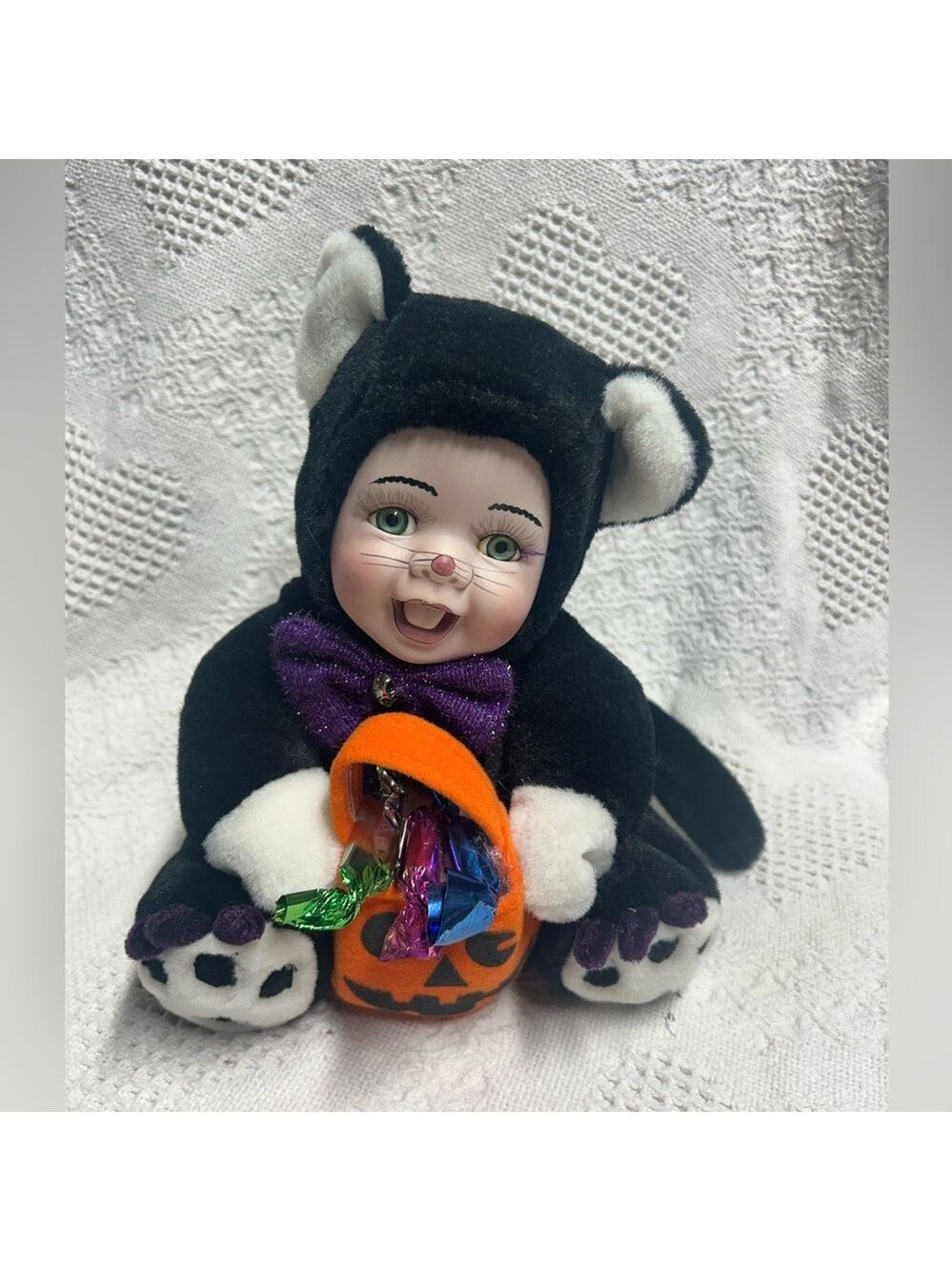 Geppeddo Cuddle Kids Halloween Black Cat Porcelain Face Plush Doll Katie Kitty